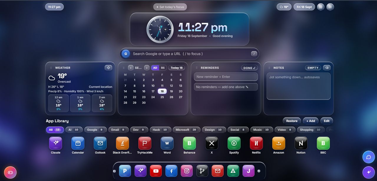 Aura Tab dashboard: clock, search, weather, calendar, reminders, notes and app library